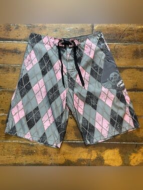VTG Split Shorts Mens 32 Pink Grey Skull Board Swim Trunks Beach Surf Skate Y2K
